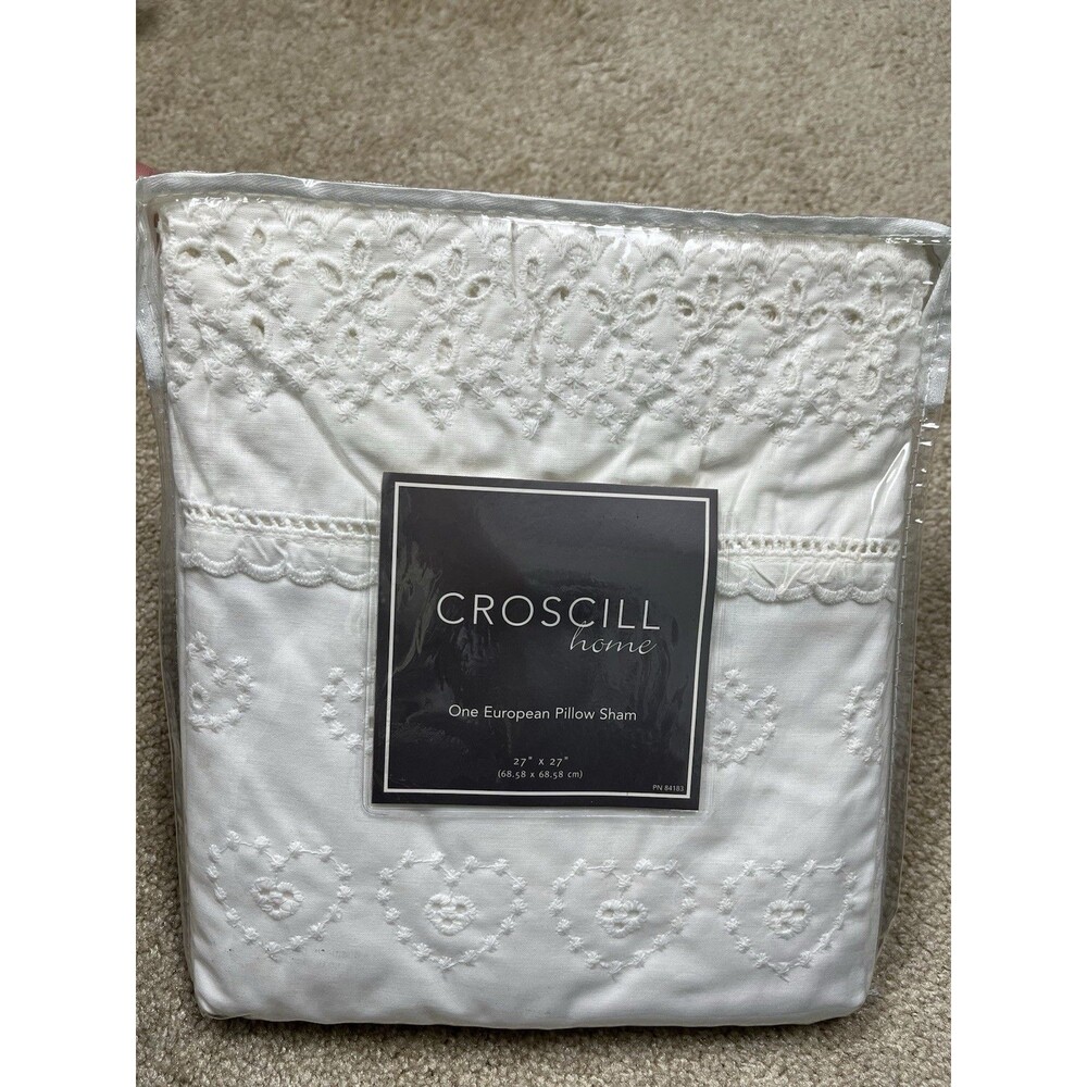 NOS Croscill Princess 5605 Euro Sham White Cotton Eyelet Lace Embroidery 27x27
